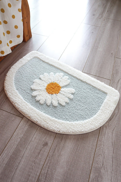 Rynx | Half-circle Daisy Bath Mat, White Flower Bath Rug, Natural Bathroom Decor, Soft Water-absorbing Mat for Bath Shower, Blue Brown