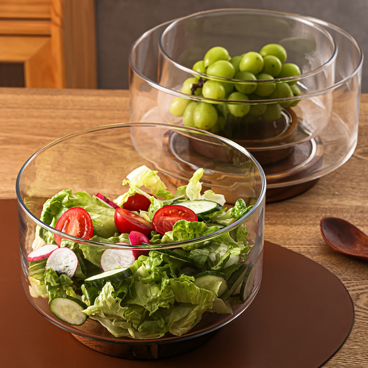 Rynx | GlassServe-Fruit Bowl - Glass fruit bowl with wood base for kitchen table