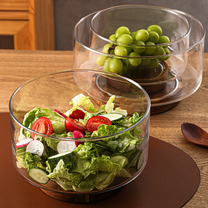 Rynx | GlassServe-Fruit Bowl - Glass fruit bowl with wood base for kitchen table