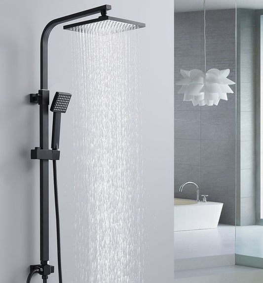 Rynx | Shower system Black Rain shower Shower set without faucet with overhead shower Hand shower Shower column Shower system with diverter angular Shower column for bathroom, black
