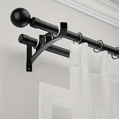 Rynx | 2 Sets Heavy Duty Curtain Rod Brackets - Black Metal Double Holder Hooks, Includes 4 Screws, Supports Up to 50kg