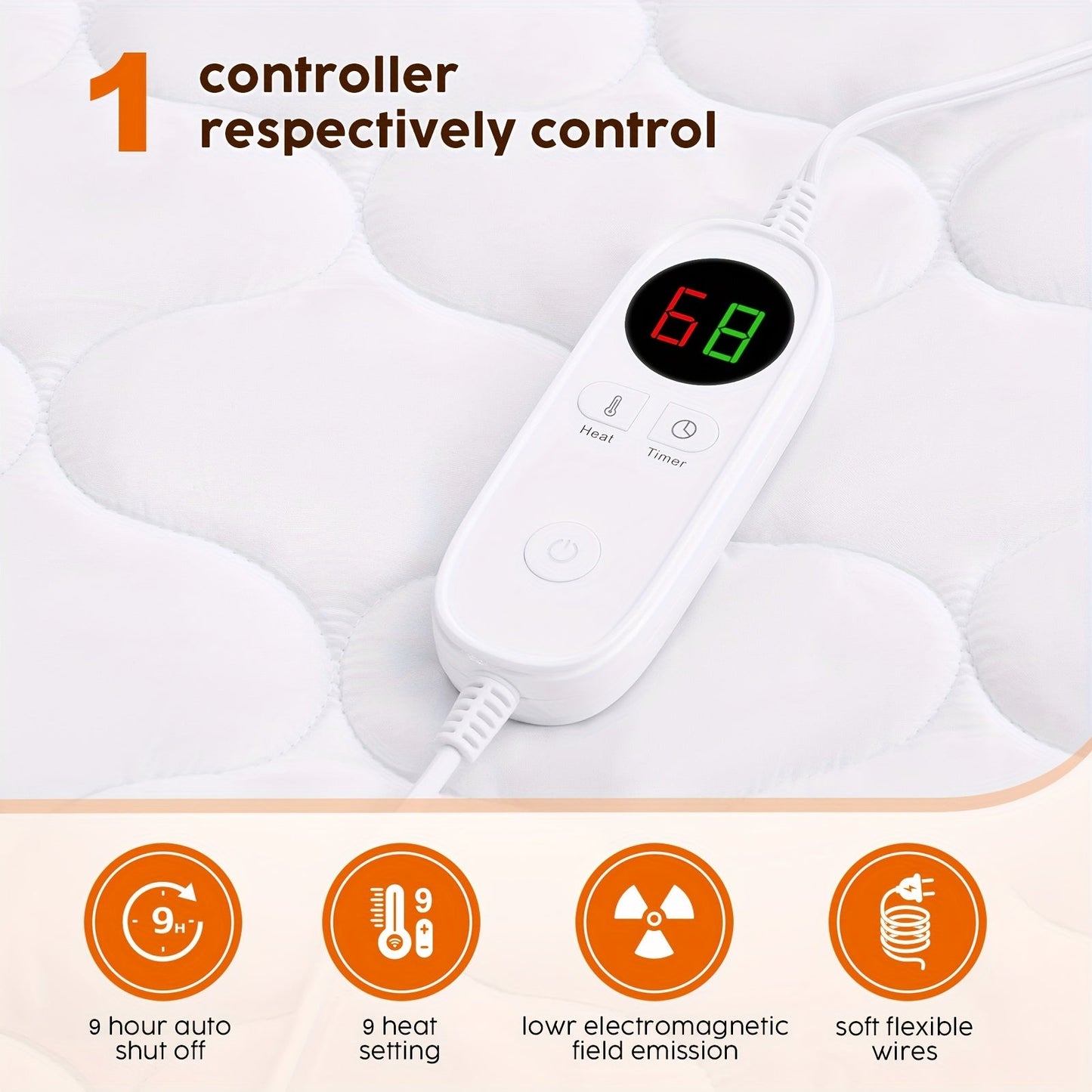 Rynx | Heated Mattress Pad Queen Size - Dual Controller Electric Bed Warmer, Fast Heating, 9 Heat Settings, 9-Hour Timer with Auto Shut-Off, Deep Pocket