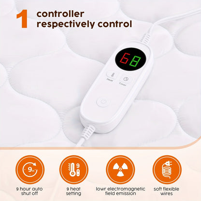 Rynx | Heated Mattress Pad Queen Size - Dual Controller Electric Bed Warmer, Fast Heating, 9 Heat Settings, 9-Hour Timer with Auto Shut-Off, Deep Pocket