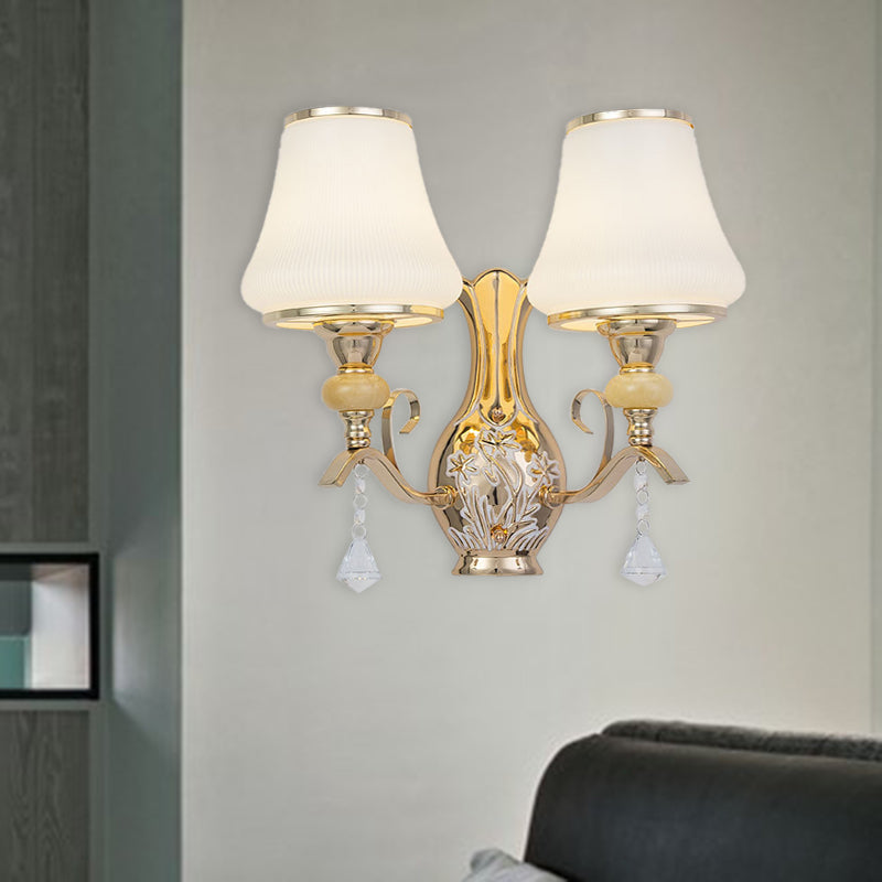 Rynx | Opal Glass Wall Mounted Lamp Retro 2 Heads Living Room Wall Light with Crystal Draping