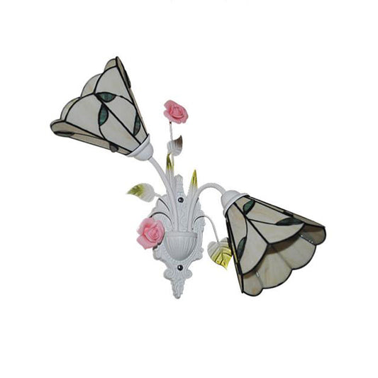 Rynx | 2 Lights Living Room Wall Mounted Light Baroque White Wall Lamp with Conical Colored Glass Shade