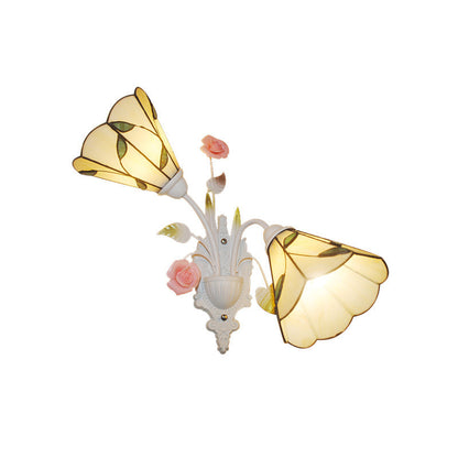 Rynx | 2 Lights Living Room Wall Mounted Light Baroque White Wall Lamp with Conical Colored Glass Shade