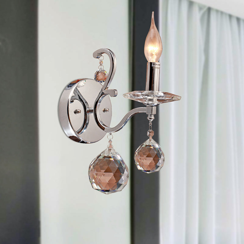 Rynx | Metal Candle Holder Wall Lamp Retro 1/2-Bulb Living Room LED Wall Lighting with Crystal Ball in Chrome