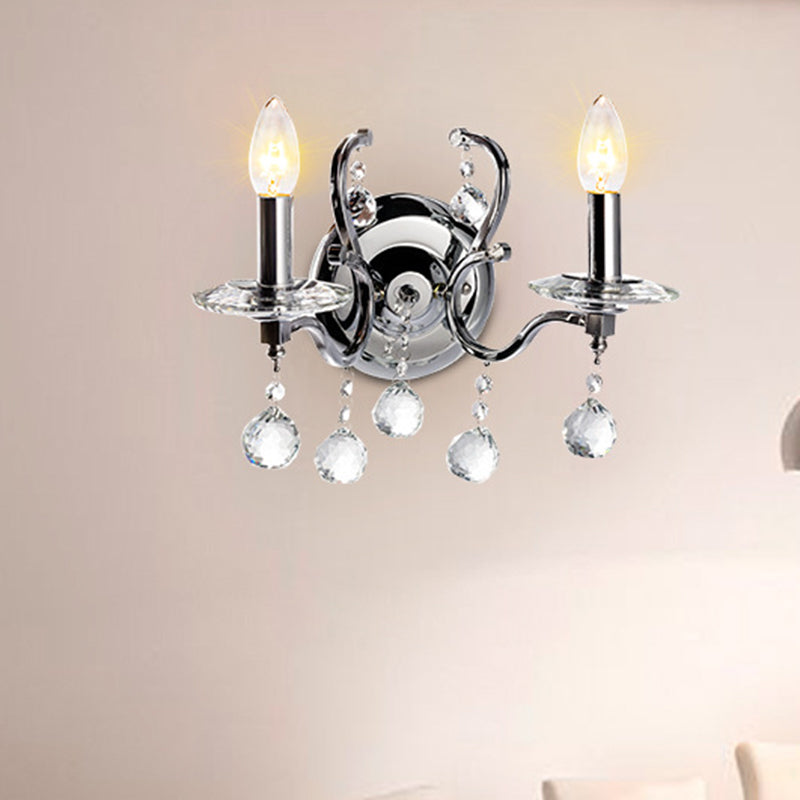 Rynx | Metal Candle Holder Wall Lamp Retro 1/2-Bulb Living Room LED Wall Lighting with Crystal Ball in Chrome