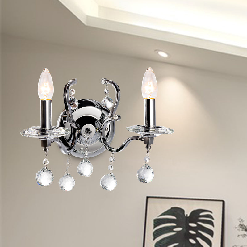 Rynx | Metal Candle Holder Wall Lamp Retro 1/2-Bulb Living Room LED Wall Lighting with Crystal Ball in Chrome