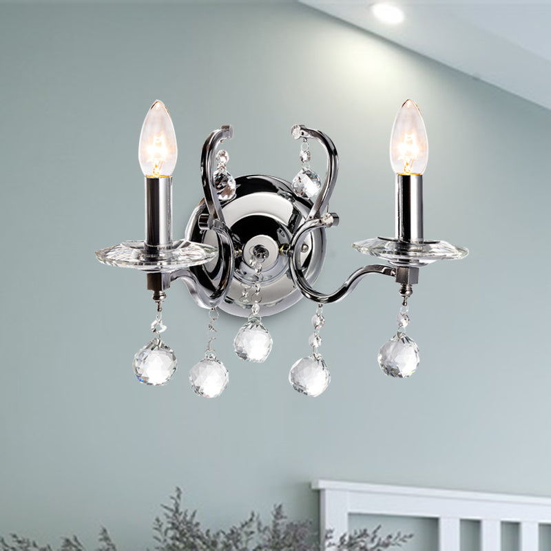 Rynx | Metal Candle Holder Wall Lamp Retro 1/2-Bulb Living Room LED Wall Lighting with Crystal Ball in Chrome