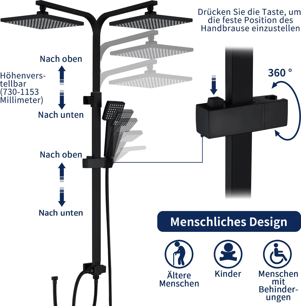Rynx | Shower system Black Rain shower Shower set without faucet with overhead shower Hand shower Shower column Shower system with diverter angular Shower column for bathroom, black