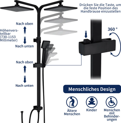 Rynx | Shower system Black Rain shower Shower set without faucet with overhead shower Hand shower Shower column Shower system with diverter angular Shower column for bathroom, black