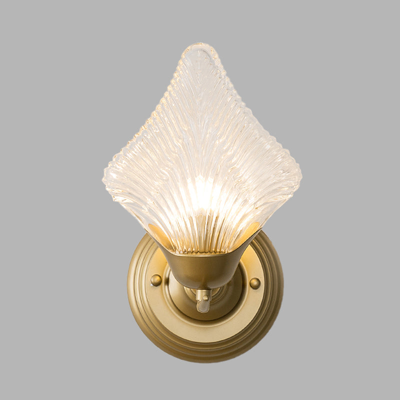Rynx | Shell Bedroom Wall Sconce Light Vintage Clear Ribbed Glass 1/2 Heads Gold Wall Lighting Fixture