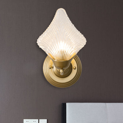 Rynx | Shell Bedroom Wall Sconce Light Vintage Clear Ribbed Glass 1/2 Heads Gold Wall Lighting Fixture
