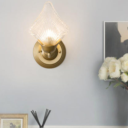 Rynx | Shell Bedroom Wall Sconce Light Vintage Clear Ribbed Glass 1/2 Heads Gold Wall Lighting Fixture