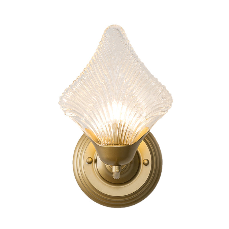 Rynx | Shell Bedroom Wall Sconce Light Vintage Clear Ribbed Glass 1/2 Heads Gold Wall Lighting Fixture