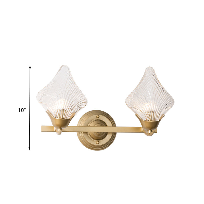 Rynx | Shell Bedroom Wall Sconce Light Vintage Clear Ribbed Glass 1/2 Heads Gold Wall Lighting Fixture