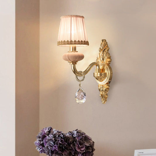 Rynx | Barrel Bedroom Wall Light Sconces Traditional Fabric 1/2 Heads Pink/Blue Wall Lighting with Crystal Accent