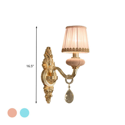 Rynx | Barrel Bedroom Wall Light Sconces Traditional Fabric 1/2 Heads Pink/Blue Wall Lighting with Crystal Accent