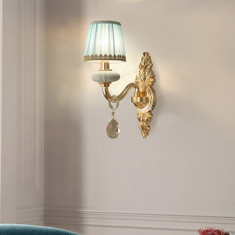 Rynx | Barrel Bedroom Wall Light Sconces Traditional Fabric 1/2 Heads Pink/Blue Wall Lighting with Crystal Accent
