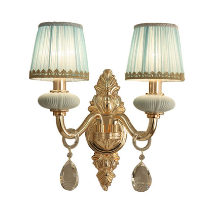 Rynx | Barrel Bedroom Wall Light Sconces Traditional Fabric 1/2 Heads Pink/Blue Wall Lighting with Crystal Accent