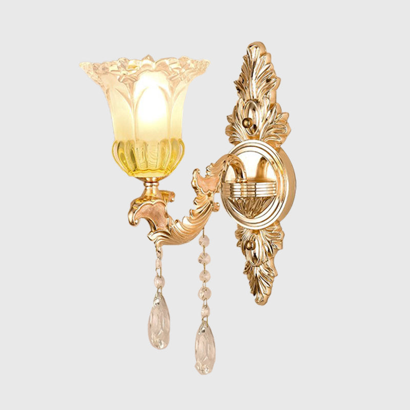 Rynx | 1/2 Heads Frosted Glass Wall Lamp Traditionalist Gold Flower Living Room Wall Mounted Light with Crystal Draping