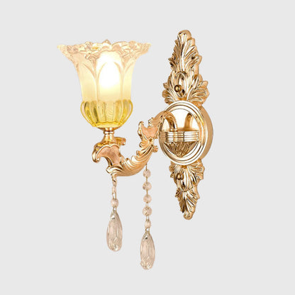 Rynx | 1/2 Heads Frosted Glass Wall Lamp Traditionalist Gold Flower Living Room Wall Mounted Light with Crystal Draping