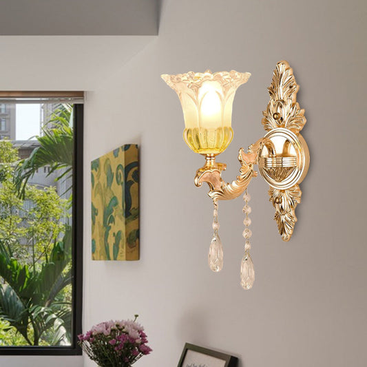 Rynx | 1/2 Heads Frosted Glass Wall Lamp Traditionalist Gold Flower Living Room Wall Mounted Light with Crystal Draping