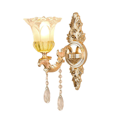 Rynx | 1/2 Heads Frosted Glass Wall Lamp Traditionalist Gold Flower Living Room Wall Mounted Light with Crystal Draping