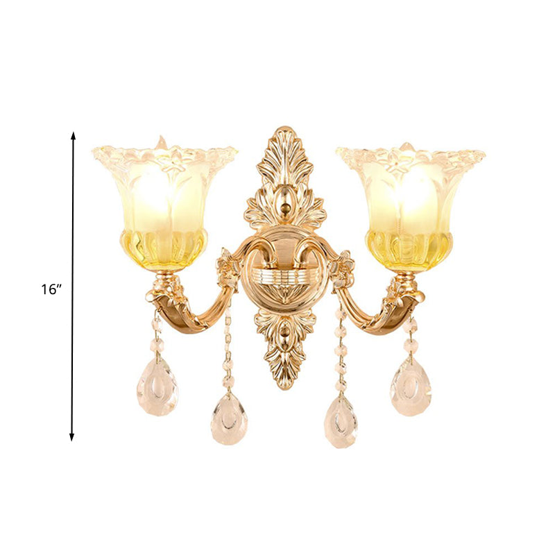 Rynx | 1/2 Heads Frosted Glass Wall Lamp Traditionalist Gold Flower Living Room Wall Mounted Light with Crystal Draping