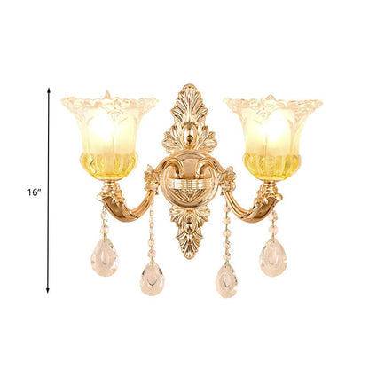 Rynx | 1/2 Heads Frosted Glass Wall Lamp Traditionalist Gold Flower Living Room Wall Mounted Light with Crystal Draping