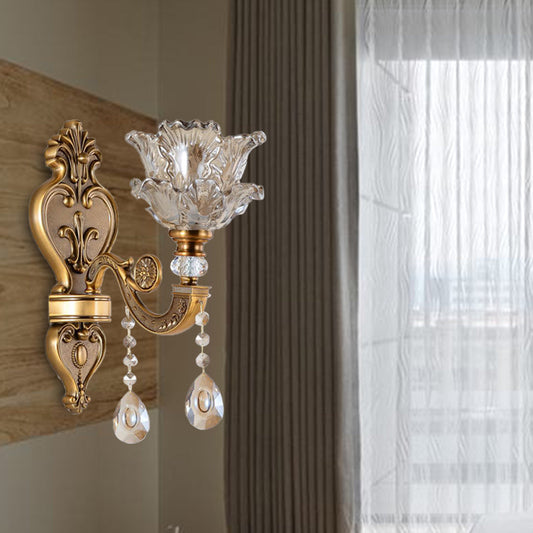 Rynx | 1/2 Bulbs Wall Light Sconces Traditional Living Room Wall Lighting with Floral Water Glass Shade in Brass