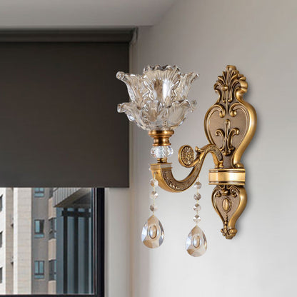Rynx | 1/2 Bulbs Wall Light Sconces Traditional Living Room Wall Lighting with Floral Water Glass Shade in Brass