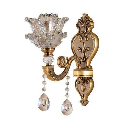 Rynx | 1/2 Bulbs Wall Light Sconces Traditional Living Room Wall Lighting with Floral Water Glass Shade in Brass