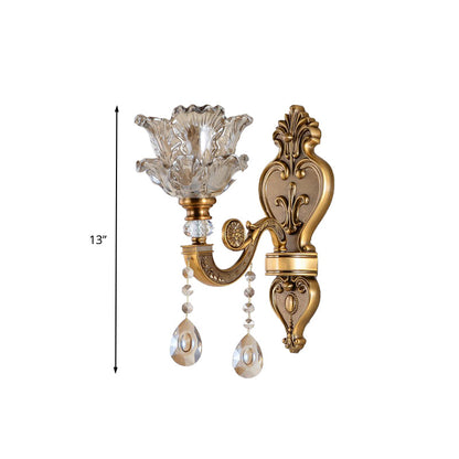 Rynx | 1/2 Bulbs Wall Light Sconces Traditional Living Room Wall Lighting with Floral Water Glass Shade in Brass