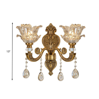 Rynx | 1/2 Bulbs Wall Light Sconces Traditional Living Room Wall Lighting with Floral Water Glass Shade in Brass