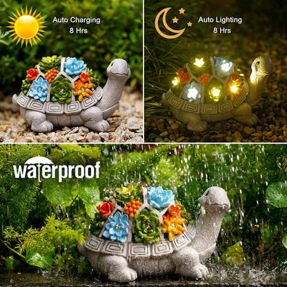 Rynx | Sunny garden statue with succulent plants and LED lights, outdoor garden decor