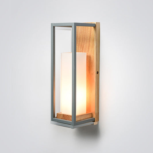Rynx | Gray Tubular Wall Lamp Asian 1 Bulb White Glass Wall Mounted Lighting with Wooden Rectangular Back Plate