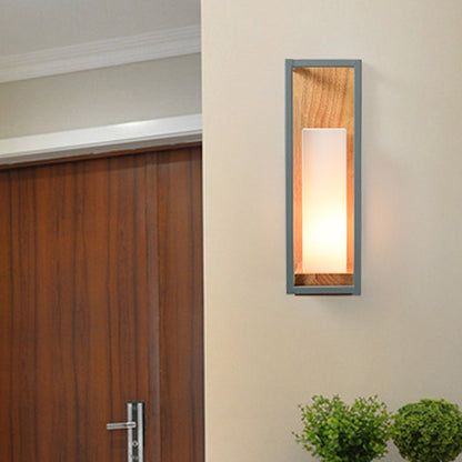 Rynx | Gray Tubular Wall Lamp Asian 1 Bulb White Glass Wall Mounted Lighting with Wooden Rectangular Back Plate