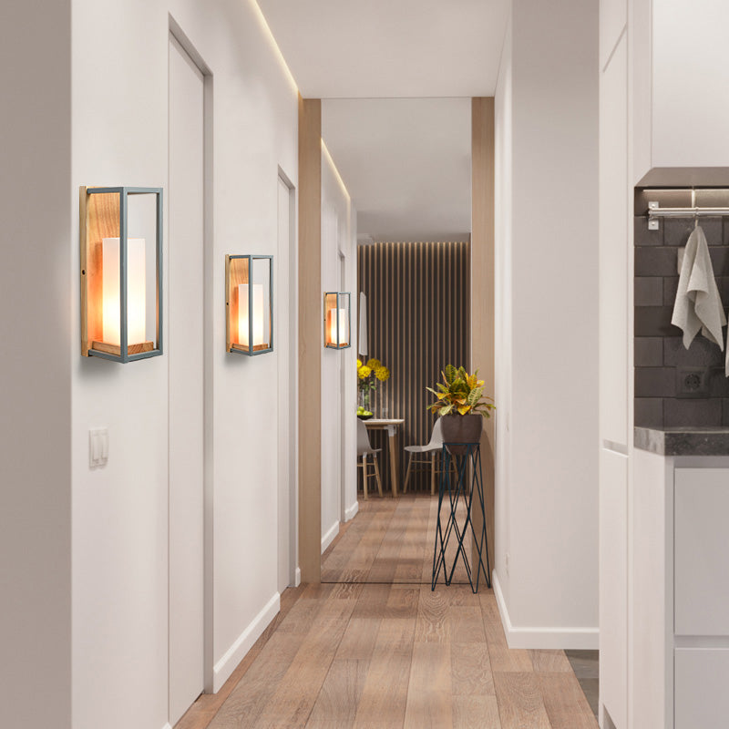Rynx | Gray Tubular Wall Lamp Asian 1 Bulb White Glass Wall Mounted Lighting with Wooden Rectangular Back Plate