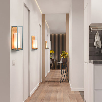 Rynx | Gray Tubular Wall Lamp Asian 1 Bulb White Glass Wall Mounted Lighting with Wooden Rectangular Back Plate
