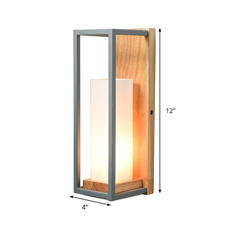 Rynx | Gray Tubular Wall Lamp Asian 1 Bulb White Glass Wall Mounted Lighting with Wooden Rectangular Back Plate