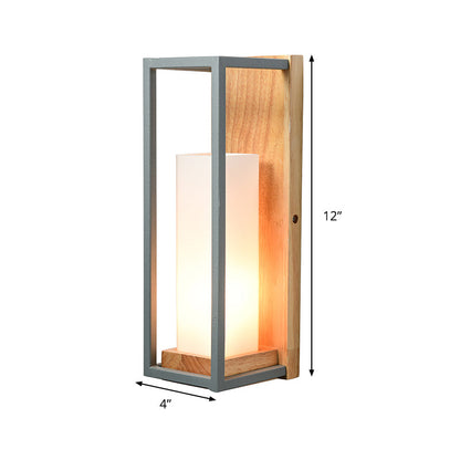Rynx | Gray Tubular Wall Lamp Asian 1 Bulb White Glass Wall Mounted Lighting with Wooden Rectangular Back Plate