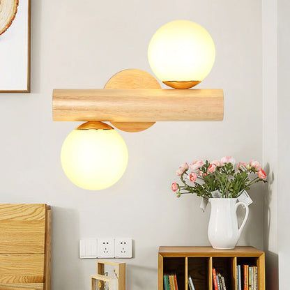 Rynx | Wall Lamp Tube Japanese Wood 2 Heads Beige Wall Light with Milk Glass Shade