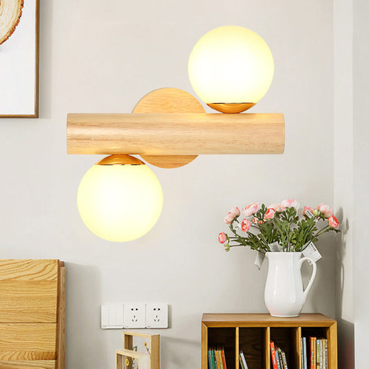 Rynx | Wall Lamp Tube Japanese Wood 2 Heads Beige Wall Light with Milk Glass Shade