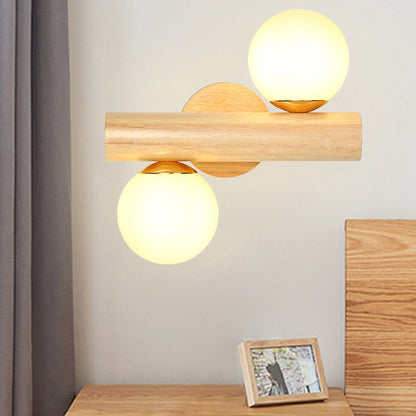 Rynx | Wall Lamp Tube Japanese Wood 2 Heads Beige Wall Light with Milk Glass Shade