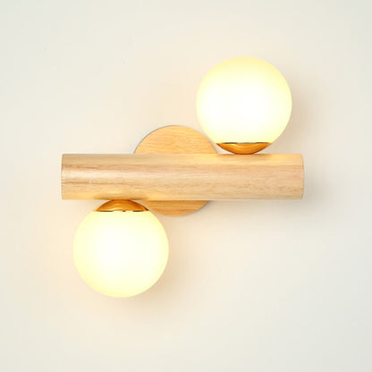 Rynx | Wall Lamp Tube Japanese Wood 2 Heads Beige Wall Light with Milk Glass Shade