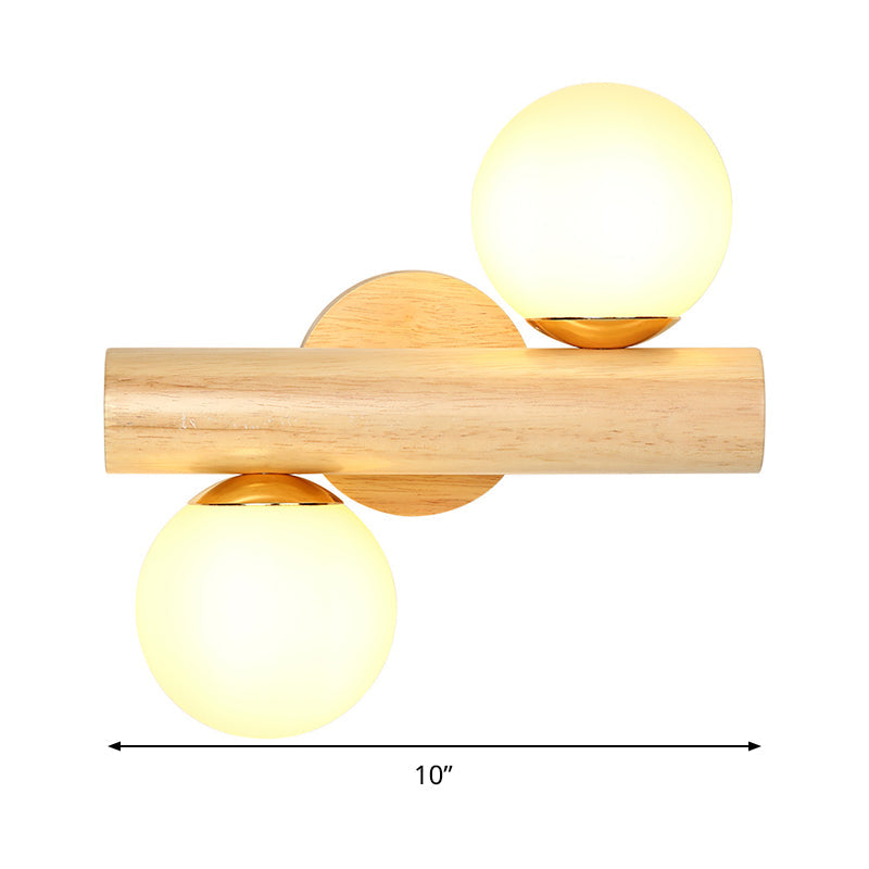 Rynx | Wall Lamp Tube Japanese Wood 2 Heads Beige Wall Light with Milk Glass Shade