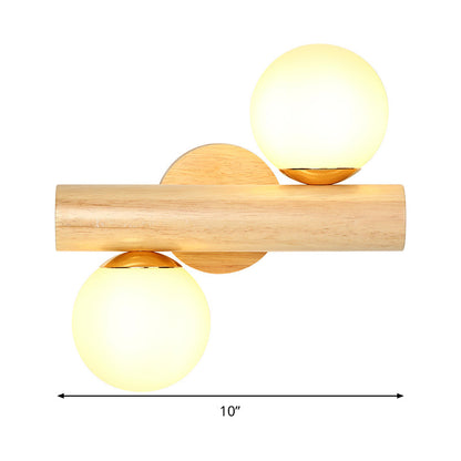 Rynx | Wall Lamp Tube Japanese Wood 2 Heads Beige Wall Light with Milk Glass Shade