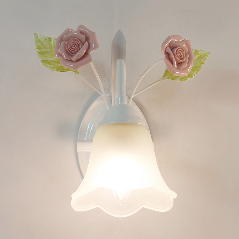 Rynx | Ivory Glass Flower Wall Lamp Country 1 Main Living Room Wall Lighting Fixture in White/Pink/Blue